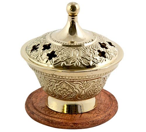 Brass Carved Screen Charcoal Burner with Lid - 3.5"H