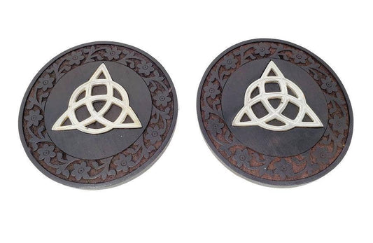 Black Carved Wooden Triquetra Inlaid Altar Tile 6.25" Round