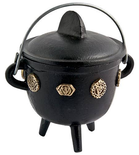 Seven Chakra Cast Iron Cauldron with Lid - 5"H, 4.5"D