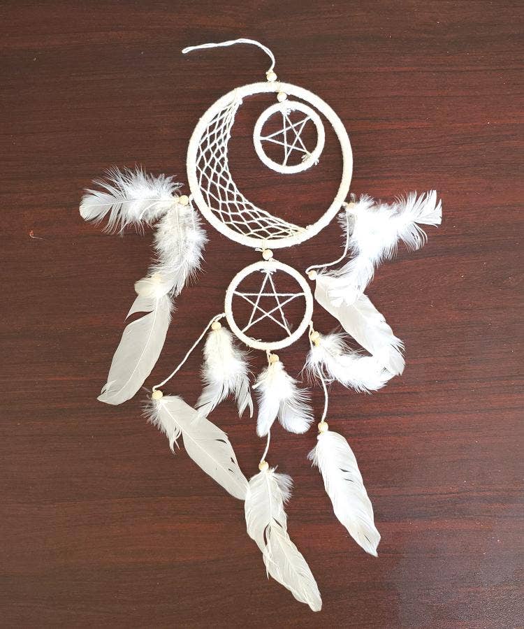 4.5" Diameter - Crescent Moon Pentagram Dream Catcher 16" L