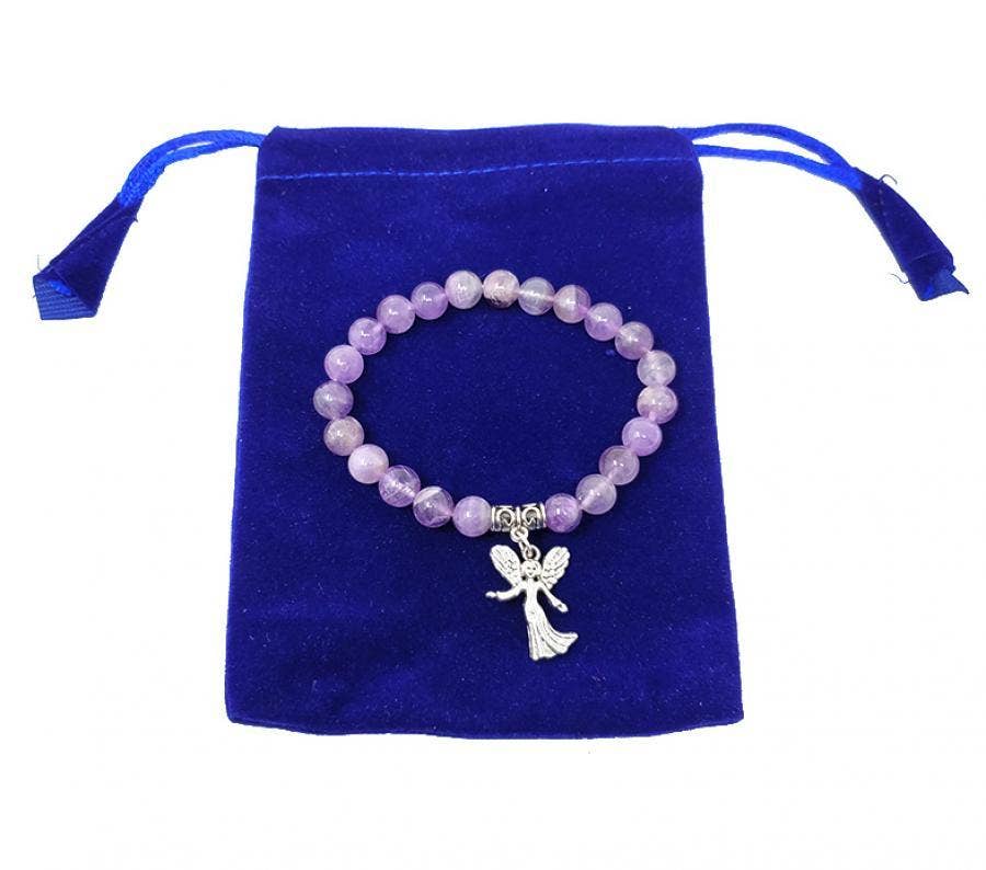 Amethyst Gem Stone Bracelet with Angel Charm w/ Velvet Bag