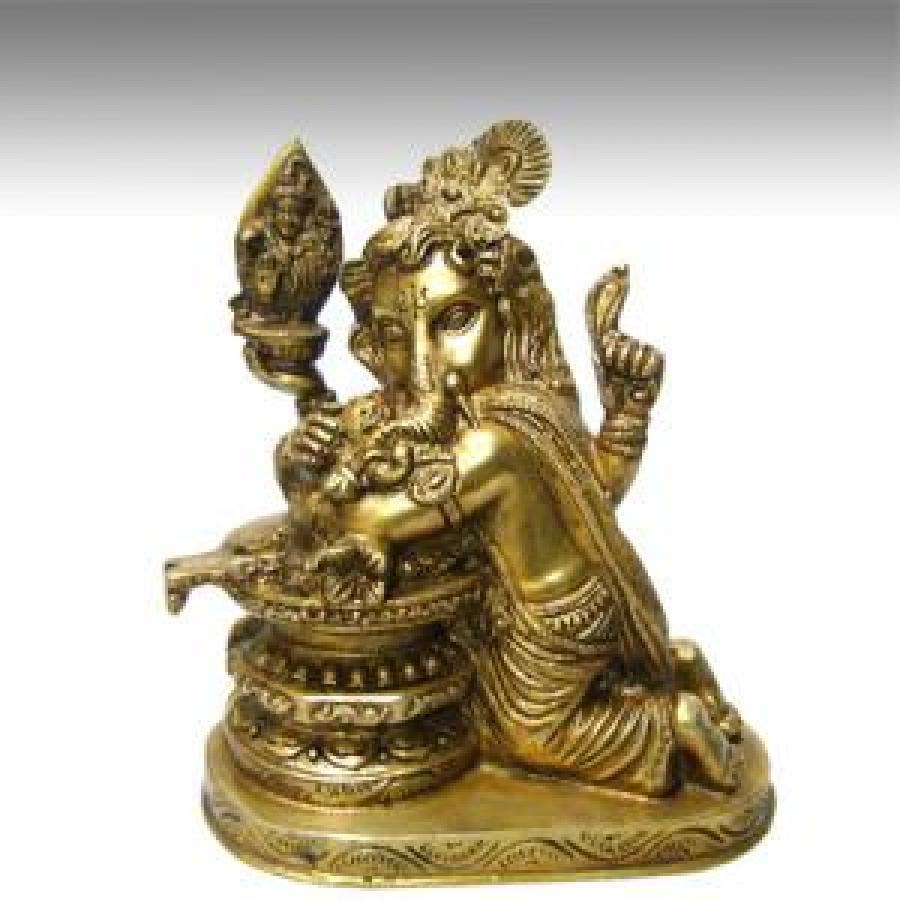 Ganesh w/ Shiva Lingam 7"H Solid Brass