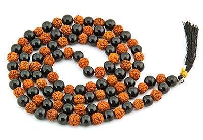 Black Agate & Rudraksha Prayer Mala - 8mm