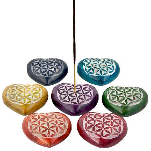 7 Pieces Flower of Life Carved Heart Shape in Chakra Color S