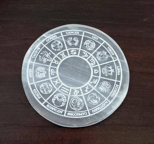 Selenite Coaster/Altar Tile - Zodiac 3"