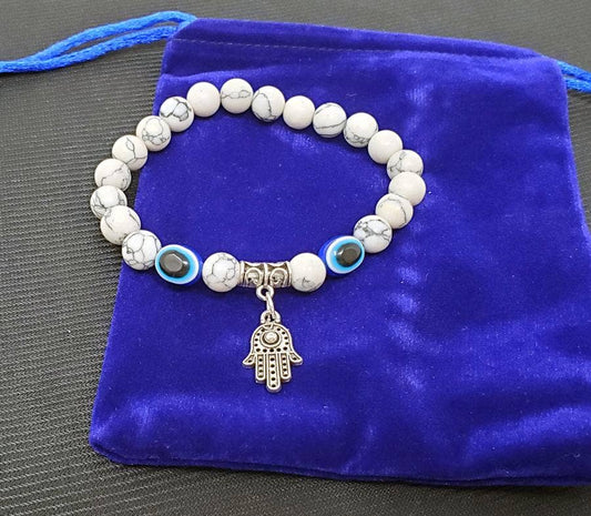 Hamsa Hand Evil Eye w/ Howlite Bracelet w/ Velvet Bag