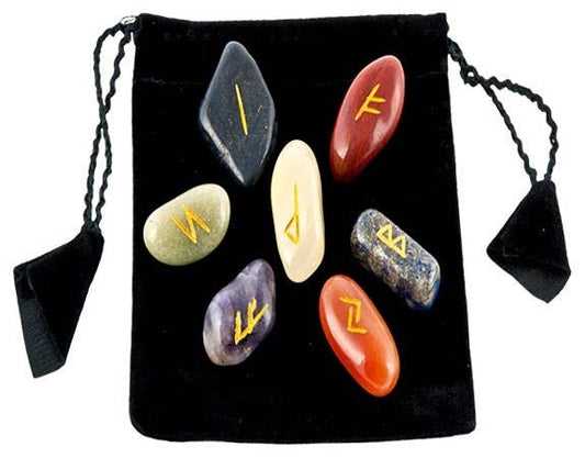 Carved 7 Chakra Tumbled Rune Set in Velvet Pouch