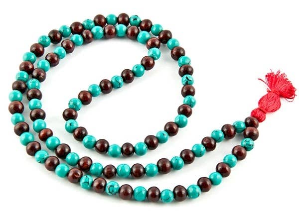 Green Turquoise & Red Sandalwood Prayer Mala - 8mm