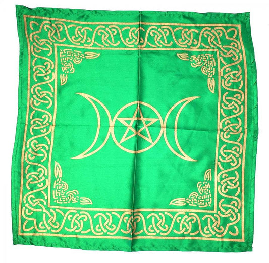 Triple Moon with Pentagram Altar Cloth Golden print on Green