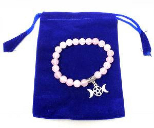 Rose Quartz Gem Stone Bracelet with Triple Moon Pentagram