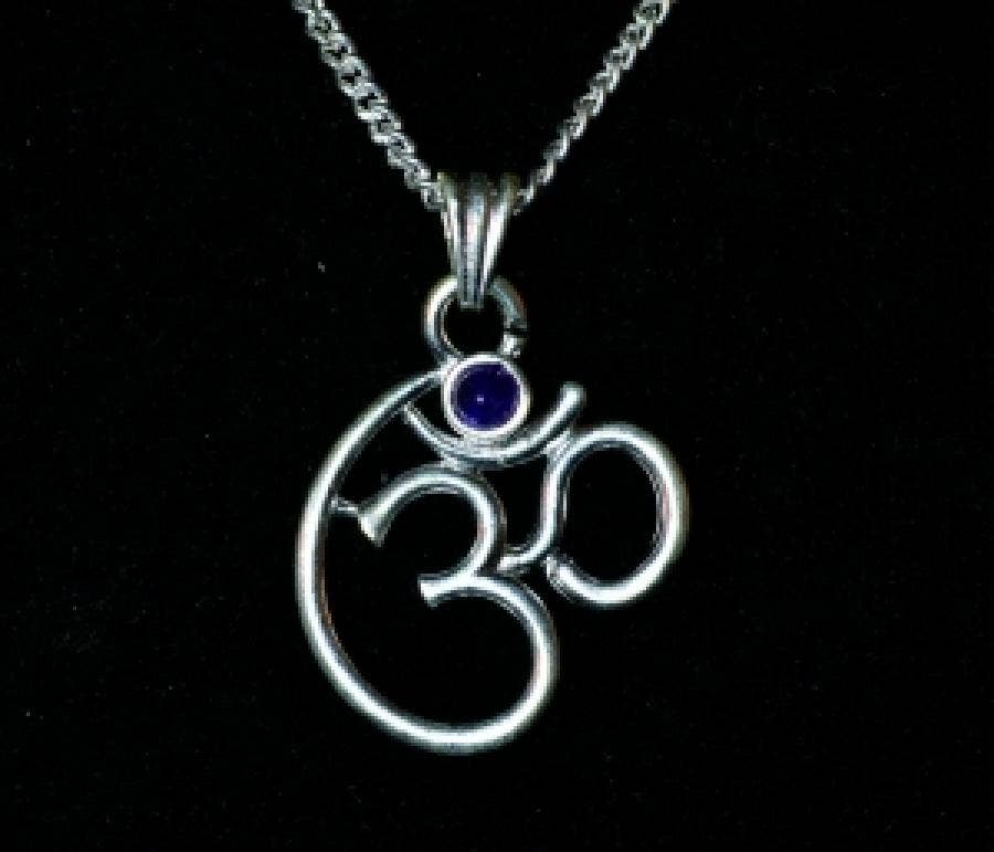 Om w/Stone White Metal Pendant 1"x1.25"