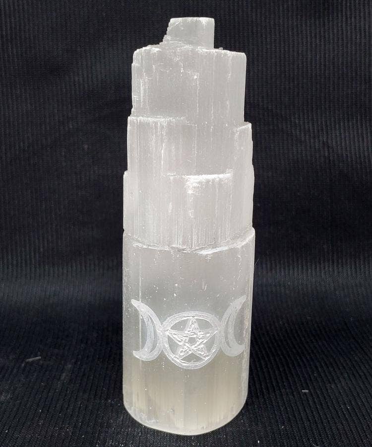 Triple Moon Pentagram Selenite Tower 4"