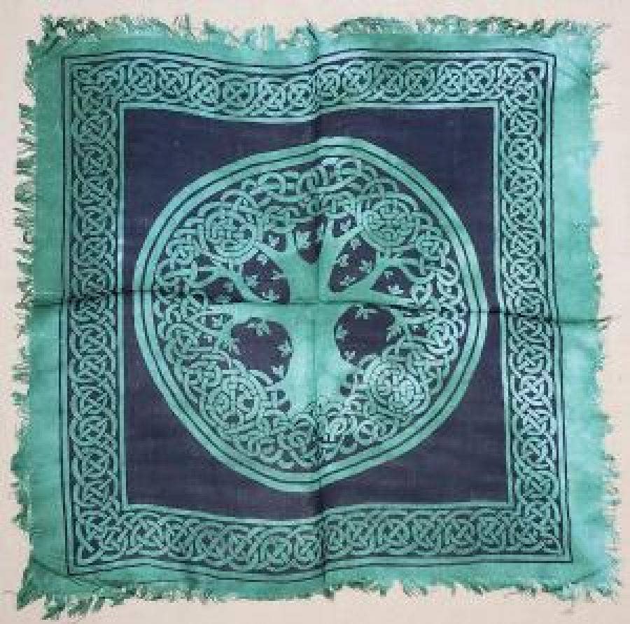 Tree of Life Altar Cloth with fringe 18 x 18" Green/black