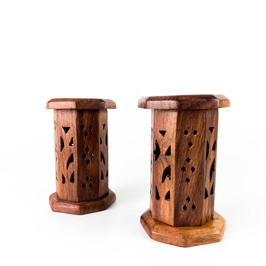 2 Pieces Carved Wooden Mini Tower Burner for Cone - 4.5"H