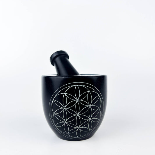 Flower of Life Carved Mortar & Pestle in Black - 3"D, 3"H