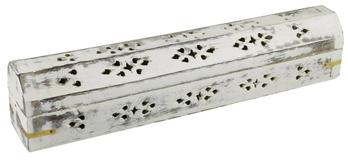 White Wash Carved Wood Incense Box Burner 12"L (2 pieces)