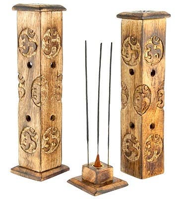 2 Pieces Om Wooden Tower Sticks/Cone Burner - 12"H