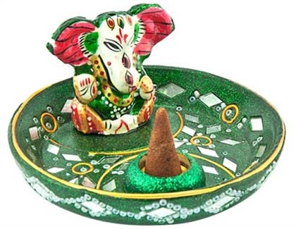 Lacquer Lord Ganesh Symbol Cone & Sticks Burner - 3.5"D