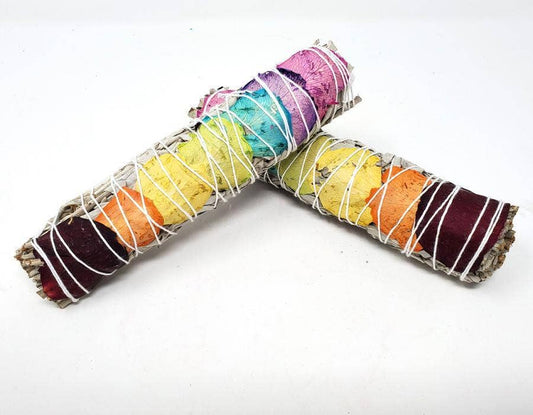 7 Chakra Sage (White Sage with 7 Color Rose Petals) 7"