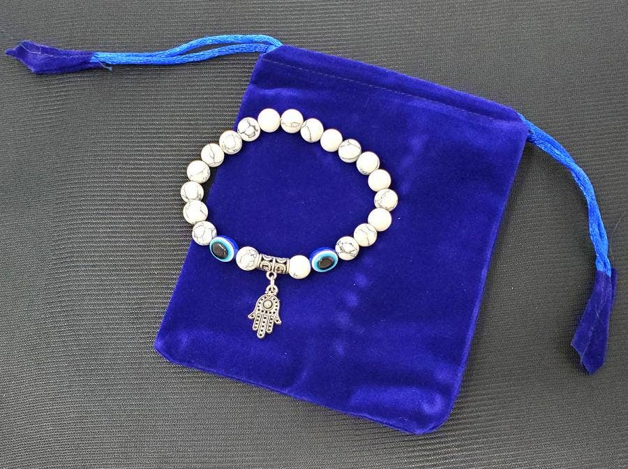 Hamsa Hand Evil Eye w/Howlite Bracelet w/ Velvet Bag