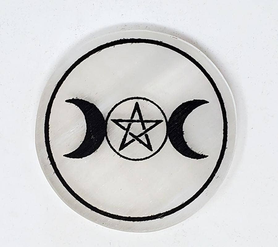 Selenite Coaster/Altar Tile - Triple Goddess Pentagram 3"