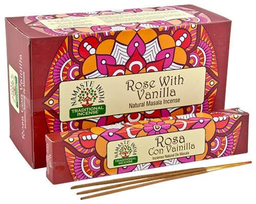 Namaste India - Rose with Vanilla Incense - 12 Sticks Pack