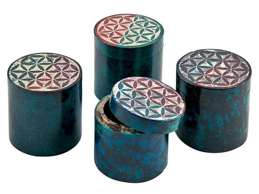 4 Pieces Flower of Life Carved Box Set in Multicolor- 2"D, 2