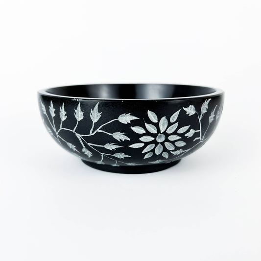 Floral Carved Stone Bowl Burner in Black - 5"D, 2"H