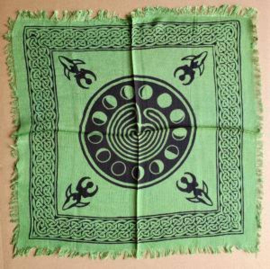 Moon Phase Altar Cloth with Fringe 18 x18" Green/black