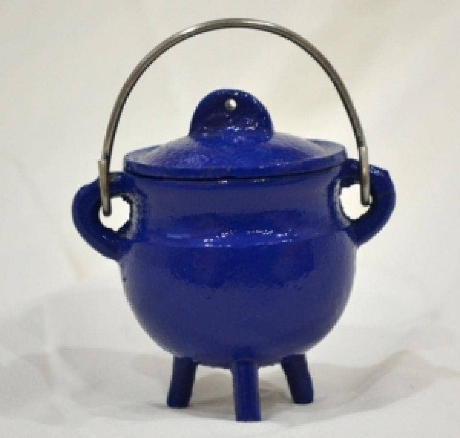 BLUE Cast Iron Cauldron w/lid 3"H 2.75"D