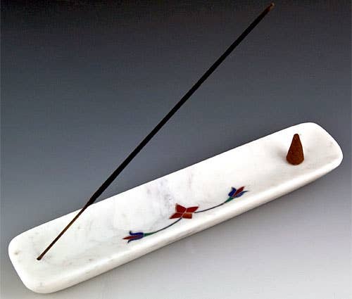 2 Pieces White Marble Incense Strip Burner with Floral Inlay