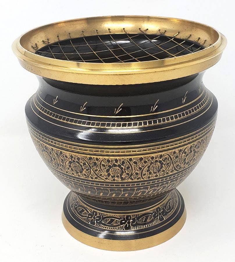 Black Carved Large Brass Censer Charcoal Burner 8"H 7"W