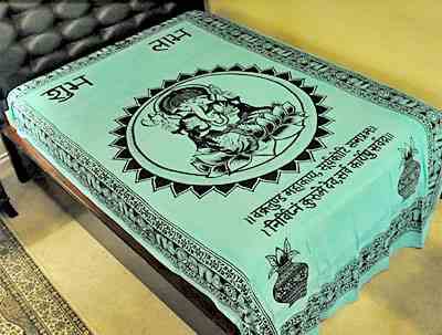 Lord Ganesh with Mantra Tapestry (Turquoise) - 72" x 108"