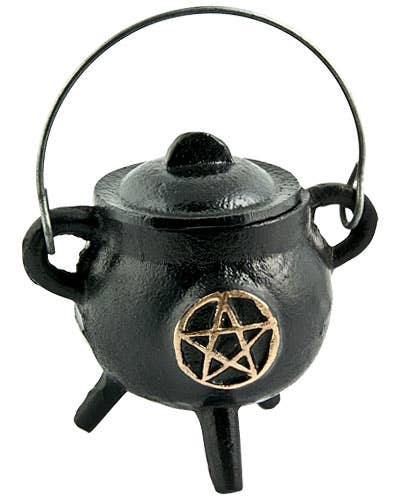 Pentacle in Gold Cast Iron Cauldron with Lid - 4.5"H, 2.75"D