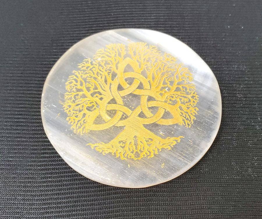 Selenite Coaster/Altar Tile - Triquetra Tree of Life 3" Gold