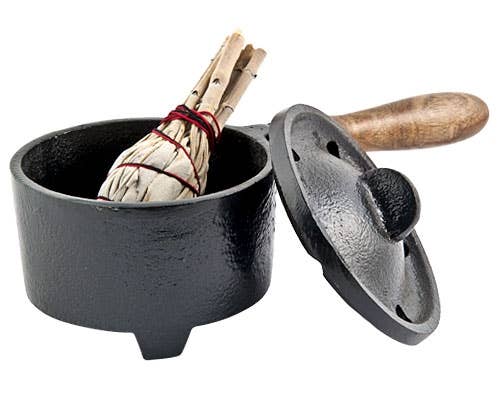 Cast Iron Censer Burner with Wooden Handle - 8"L, 4"D