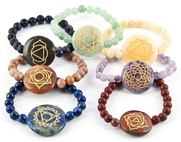 7 Pieces Carved Seven Chakra Disc Bracelets Set