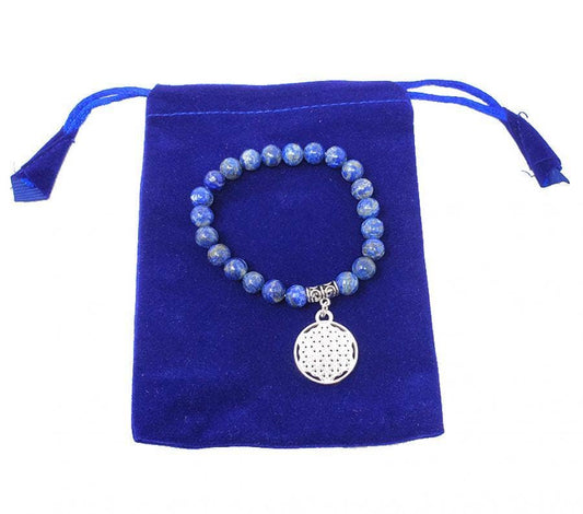 Lapis Gem Stone Bracelet with Flower of Life Charm w/ Velvet