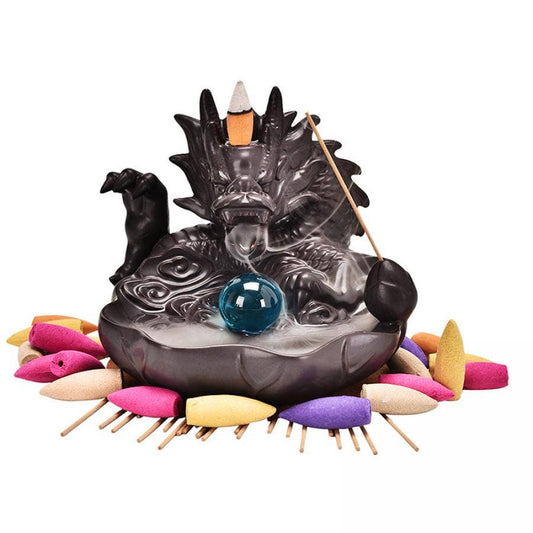 Dragon w/Glass Ball Ceramic Backflow Cone/Incense Burner 5.5