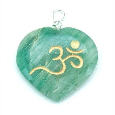 Green Jade Heart Om Symbol Pendant - 1.25"x1.25"