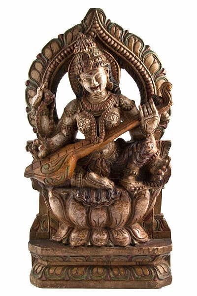 Goddess Saraswati Wooden Statue Antique - 18"H