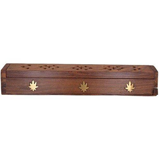 Marijuana Leaf Wooden Incense Box Burner 12"L (2 pieces)