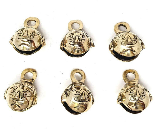 Sun Face Carved Ghungroo Brass Bells 1.75" High (6 Pieces)