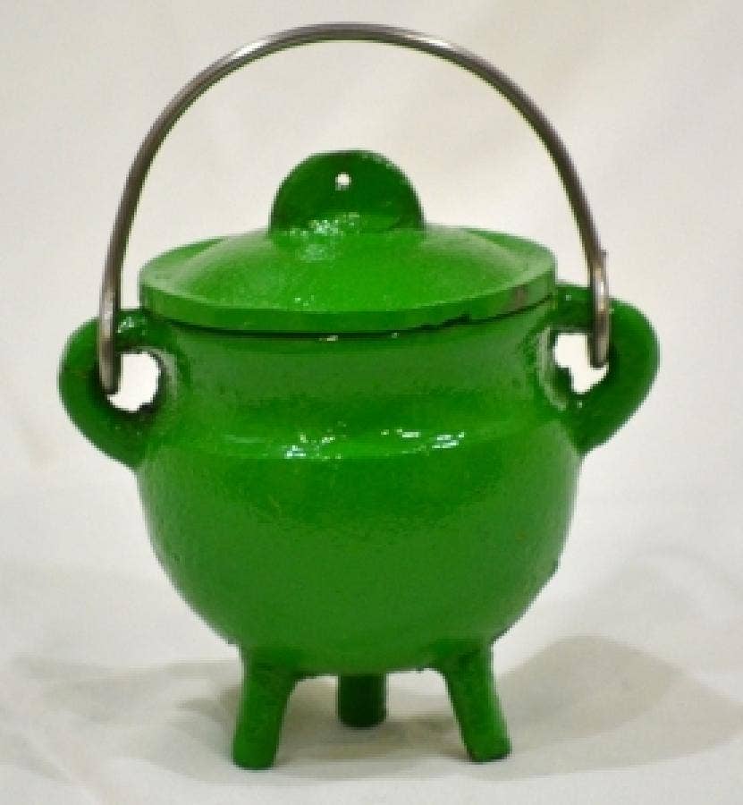 GREEN Cast Iron Cauldron w/lid 3"H 2.75"D