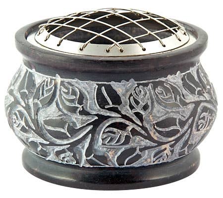 Floral Carved Natural Stone Screen Charcoal Burner in Brown