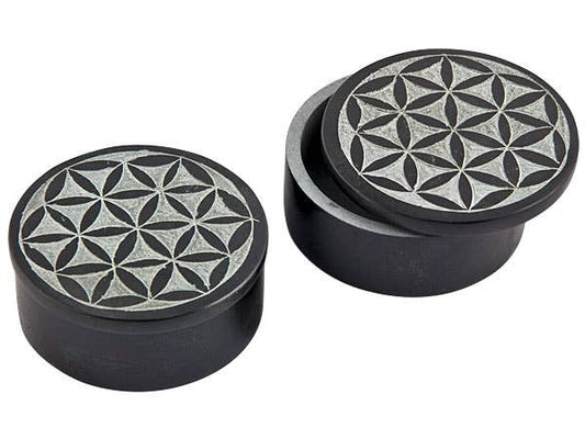 2 Pieces Flower of Life Carved Box Set in Black - 3"D, 1.25"