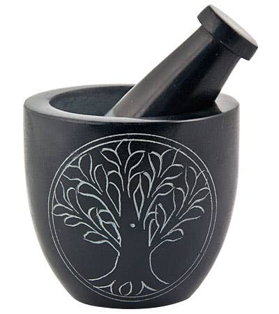 Tree of Life Carved Mortar & Pestle in Black - 3"D, 3"H