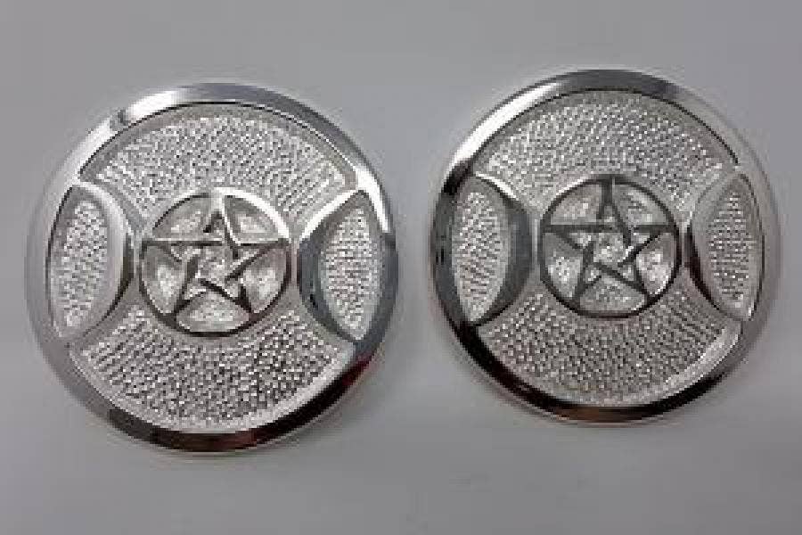 Triple Moon Pentagram Altar Tile Silver Plated over Solid Br