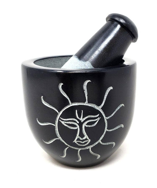 Sun Carved Black Soapstone Mortar & Pestle 2.75" High x 3" W