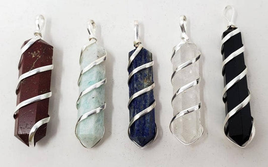 Wire Wrapped Point Assorted Gemstone Pendant 1.75" ( 5 Pc)